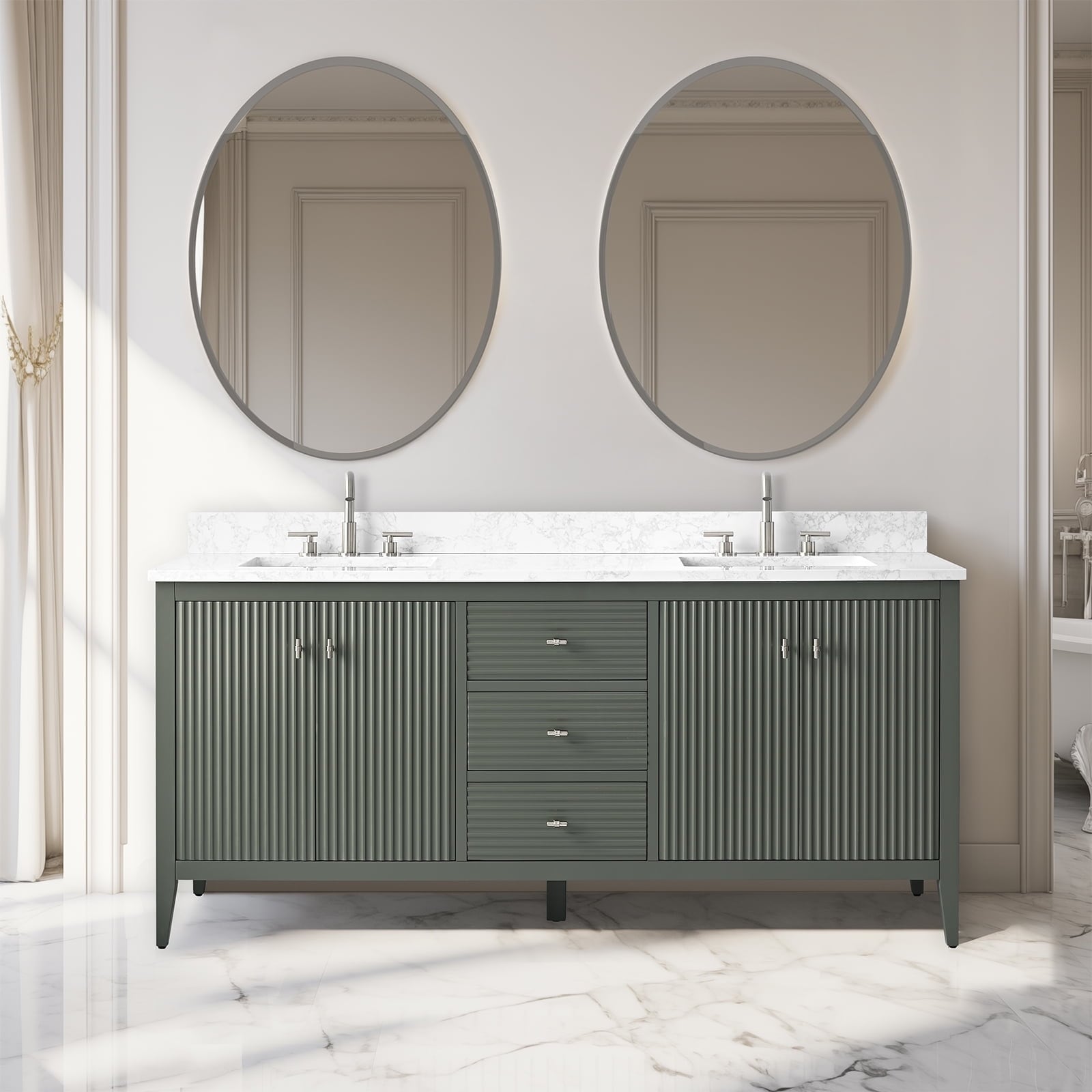 Vanity Art 72 Double Sink Bathroom Vanity Cabinet with Engineered Marble Top