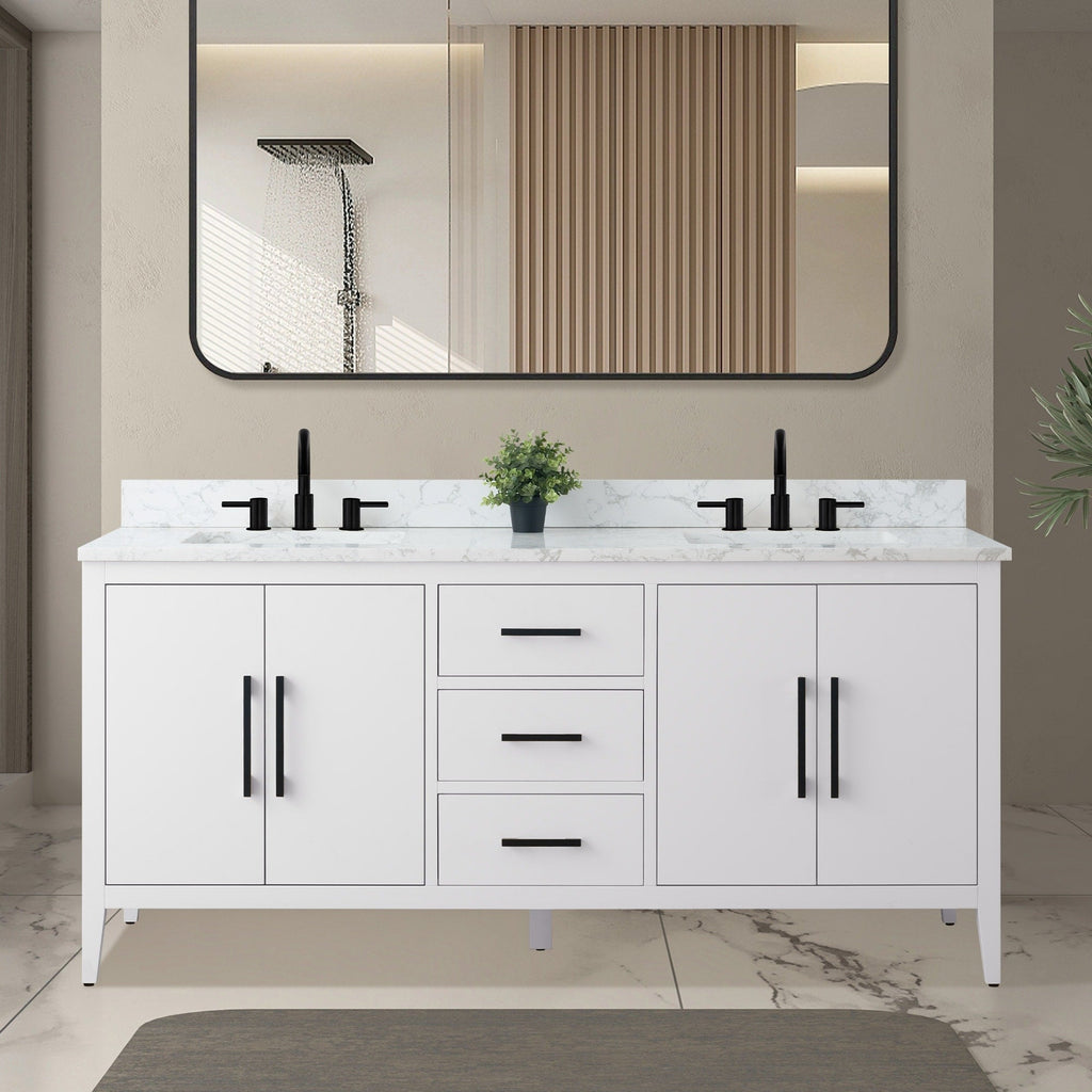 Vanity Art 72 Double Sink Bathroom Vanity Cabinet with Engineered Marble Top